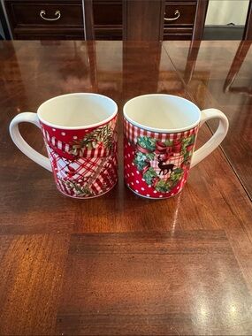 Hutschenreuther Porcelain Christmas Cups Mugs Gingham Polka Dots Set of 2
